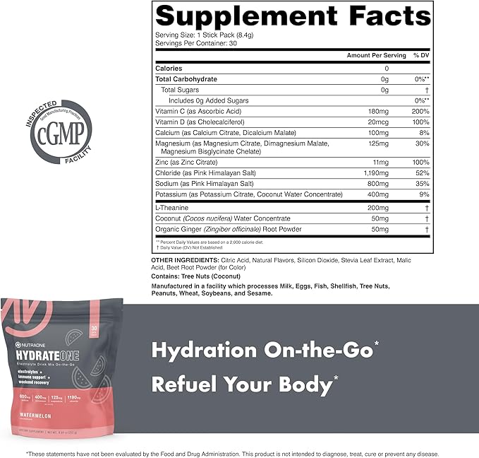 HydrateOne, Electrolyte Drink Mix On-The-Go | Watermelon, 30 Servings