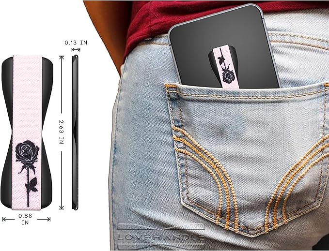 LOVEHANDLE Universal Phone Grip for Smartphones & Mini Tablets - Phone Holder for Hand - Wireless Charging Compatible - Made in The USA - Black Rose