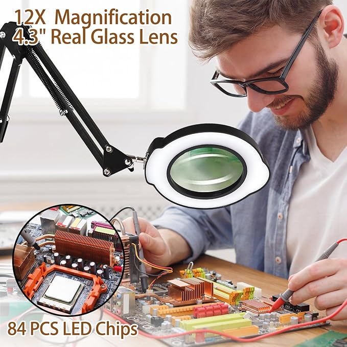 VUEJIC 12X Magnifying Glass with Light and Clamp, Magnifier with Light Hands Free,84 LEDs Real Glass Lens Magnifying Lamp for Close Work, Repair, Reading, Craft (Black 2)