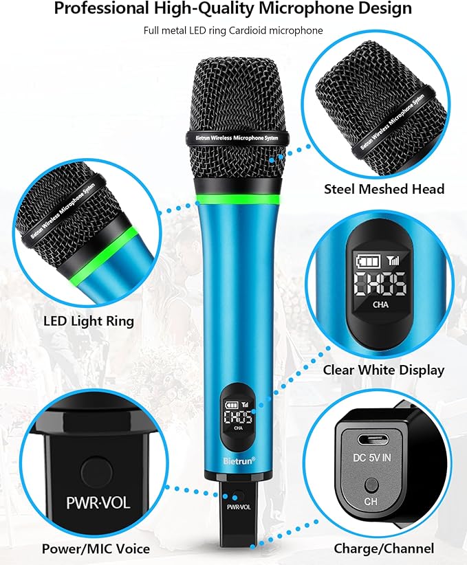 Bietrun Rechargeable Wireless Microphone, Dual Metal Cordless Handheld Dynamic Wireless Mics with Bluetooth, UHF 240FT Range, for 1/4'',1/8''Output,PA System,Dj,Mixer,Church(Blue＆Pink)