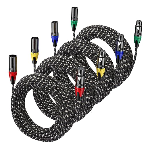 XLR Cable 25ft 4 Packs - Premium Balanced Microphone Cable with 3-Pin XLR Male to Female Mic Speaker Cable, Black and White Grid Layer, Pure Copper and Plated Conductors