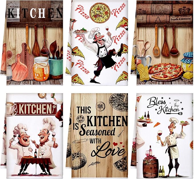 6 Pcs Funny Chef Kitchen Towels Pizza Food Dish Towers Chubby Uniformed Chef Design Christian Farmhouse Hand Clothscute for Kitchen Christmas Bathroom Decor Housewarming Gift