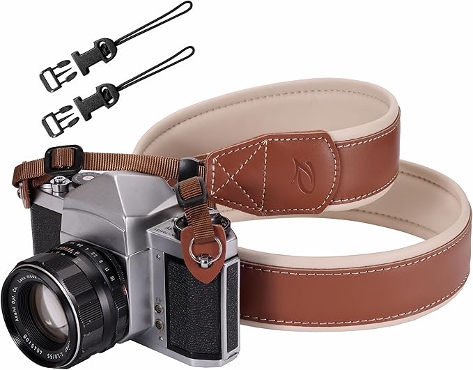 Padwa Lifestyle Tan Padded Leather Camera Strap - Full Grain Genuine Cowhide Camera Straps with White Thick Skin-friendly Clothing Leather Padded,Soft&Comfort Strap for Long Periods of Photographers