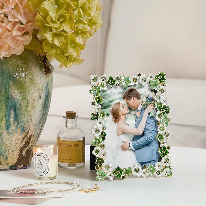 Green Flower Picture Frame 5x7 Blossom Photo Frame for Tabletop Display, Decorative Flower Design Home Decor