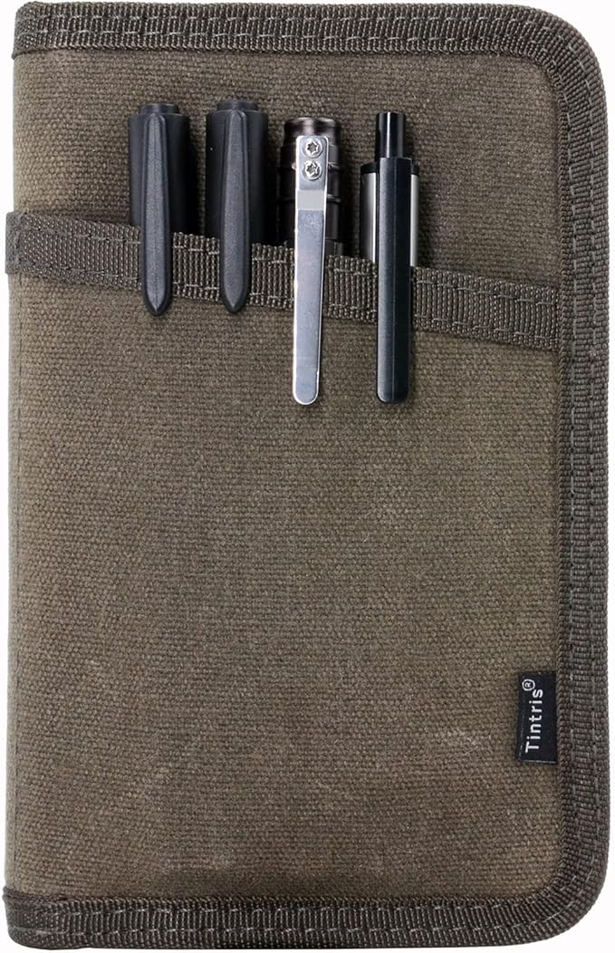 Journal Cover for Field Notes Notebooks Moleskine Cahier 3.5 x 5.5 with zipper pen holder, Water Resistant Pocket Notebook Cover for Journal Notebook planner, Classy Waxed Canvas, Olive