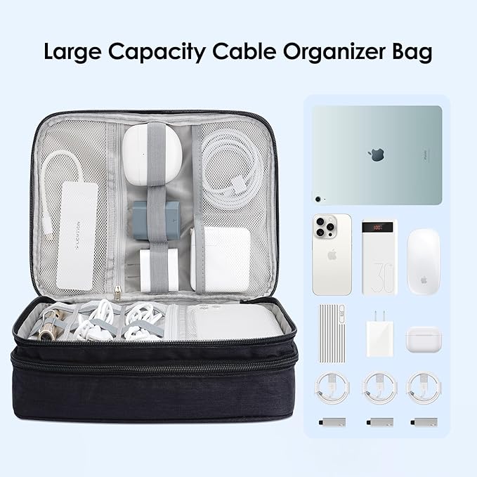 LENTION Cable Electronics Organizer Bag Pouch, Travel Cord Organizer Carry Case Waterproof Double Layers All-in-One Storage Bag Carrying for Cable, AirPods, Charger, Power Bank, Earphone Black