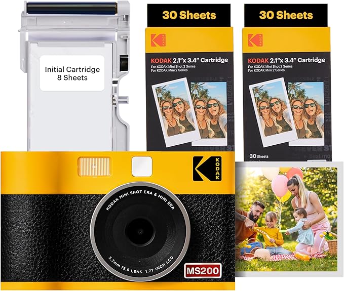 KODAK Mini Shot 2 ERA 4PASS 2-in-1 Instant Camera and Photo Printer (Yellow, Camera + Initial 8 Sheets + 60 Sheets)
