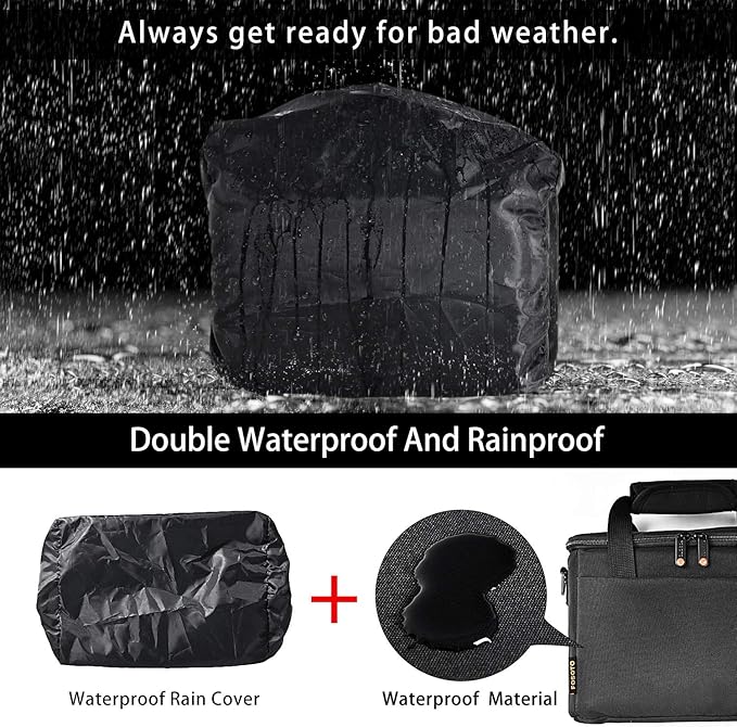 FOSOTO Padded Camera Case with Extra Rain Cover Compatible for Canon EOS Rebel T3i T5 T6 4000D SL2 Nikon B500 D3400 Panasonic Lumix FZ80 DSLR SLR Camera Lens (Black)