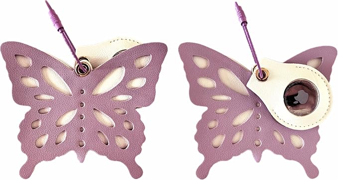 Cute Leather Luggage Tag Holder Case compatible with AirTag,Hidden Compartment for Travel Suitcase Tracking Case with Stainless Steel Loop,Name ID Label(Butterfly A)