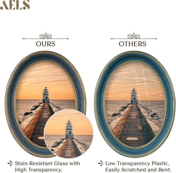 AELS 4x6 Inch Vintage Picture Frame, Elegant Antique Photo Frames with Glass Front, Photo Display, Tabletop Wall Hanging, Gift Ideas, Blue Oval with Gold Trim