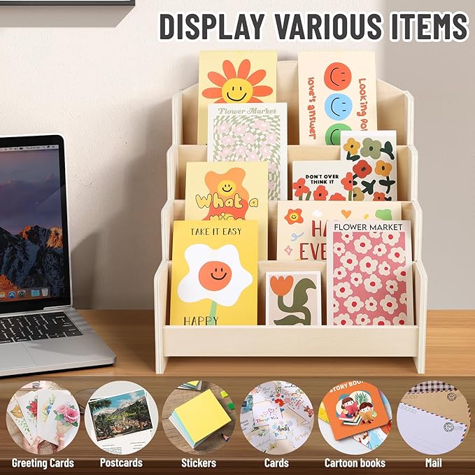 VOGGV Greeting Card Display Stand Holder - 4-Tier Wooden Organizer Rack for Postcards, Stickers, Bookmarks & Tabletop Book Display, Sturdy Card Display Shelf for Retail or Home