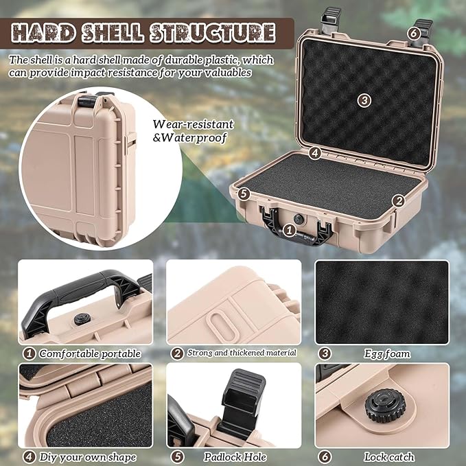Relaxweex 1 Pcs 8.5 x 6.5 x 3.7 Inch Waterproof Hard Case with DIY Customizable Foam Insert Portable Protective Case with Knife for Camera Drones Equipments Tools Test Instruments (Tan)