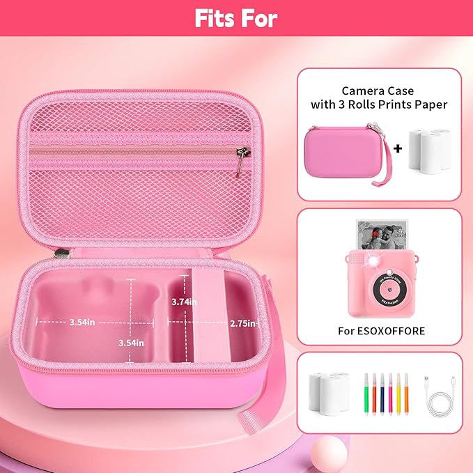 Kids Instant Print Camera Case for ESOXOFFORE Digital Video Cameras with 3 Rolls Paper Refill, Toddler Film Camera Storage Holder Bag with Mesh Pocket for Thermal Paper Accessories (Box Only) - Pink
