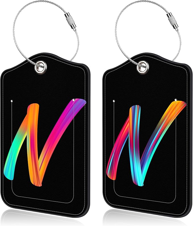 Luggage Tags for Suitcase,2 Pack Neon Colorful Letters Luggage Tags,Leather Baggage Tags Identifiers with Privacy Name Address Labels and Metal Loop for Women Men Girls Travel,Letter N