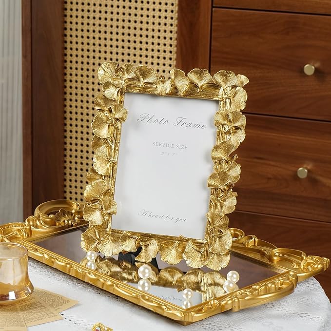 Cuspin 5x7 Picture Frame, Vintage Ornate Gold Resin Frame with Glass Front, Ginkgo Leaf Textured Photo Frame for Wall Hanging or Tabletop Display, Retro Design Home Decor Gift