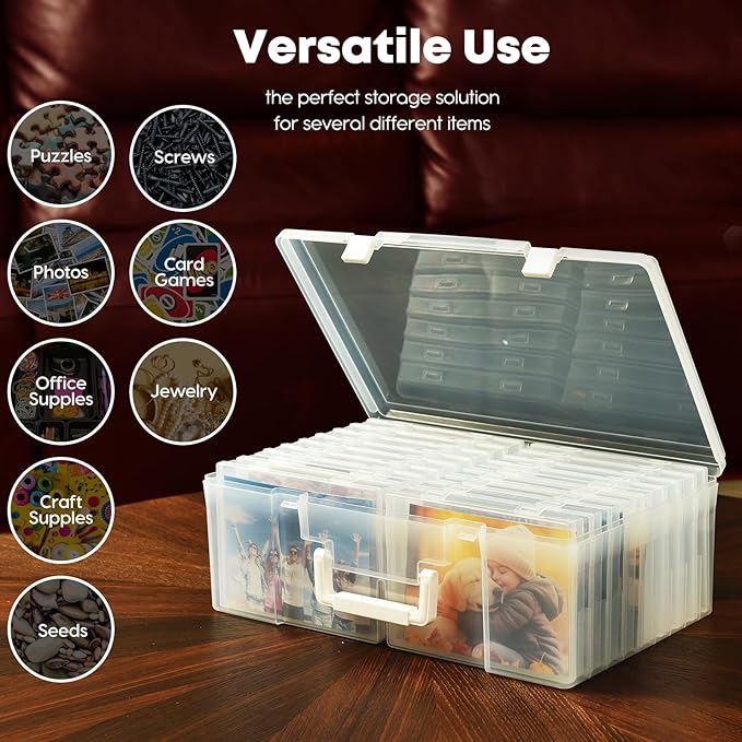 ALINK Photo Storage Box 5" x 7" with Handle, 18 Pcs Clear Photo Containers Organizer and Craft Keeper, Portable Picture Case with Label for Arts, Crafts, Sewing, Stickers, Office Supplies