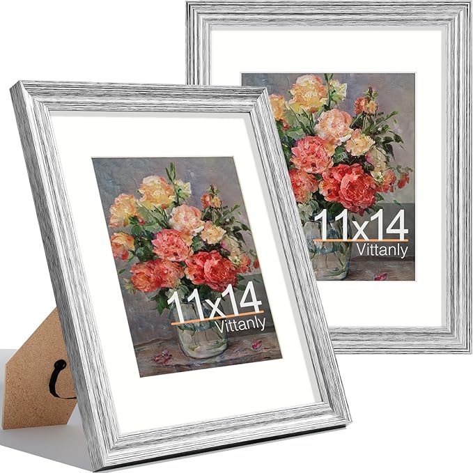 Vittanly 11x14 Picture Frames Set of 2, Ornate Vintage Photo Frame for Wall or Tabletop, Display 8x10 Pictures with Mat or 11x14 without Mat, Rustic Silver