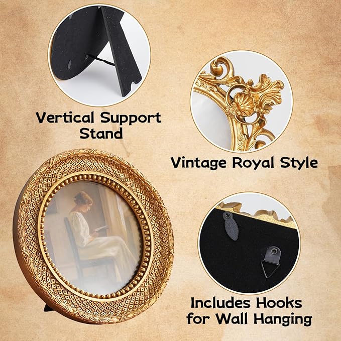 4 Pcs Gold Vintage Picture Frames for Tabletop Display Wall Hanging, Ornate Antique Photo Frame with Stand and Hanging Hook, Royal Style Wall Art Decor for Home Wedding Gallery Photography Props