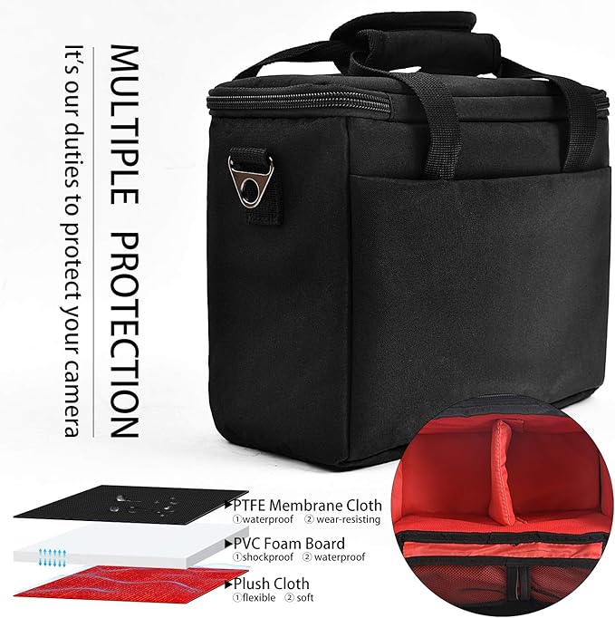 FOSOTO Padded Camera Case with Extra Rain Cover Compatible for Canon EOS Rebel T3i T5 T6 4000D SL2 Nikon B500 D3400 Panasonic Lumix FZ80 DSLR SLR Camera Lens (Black)