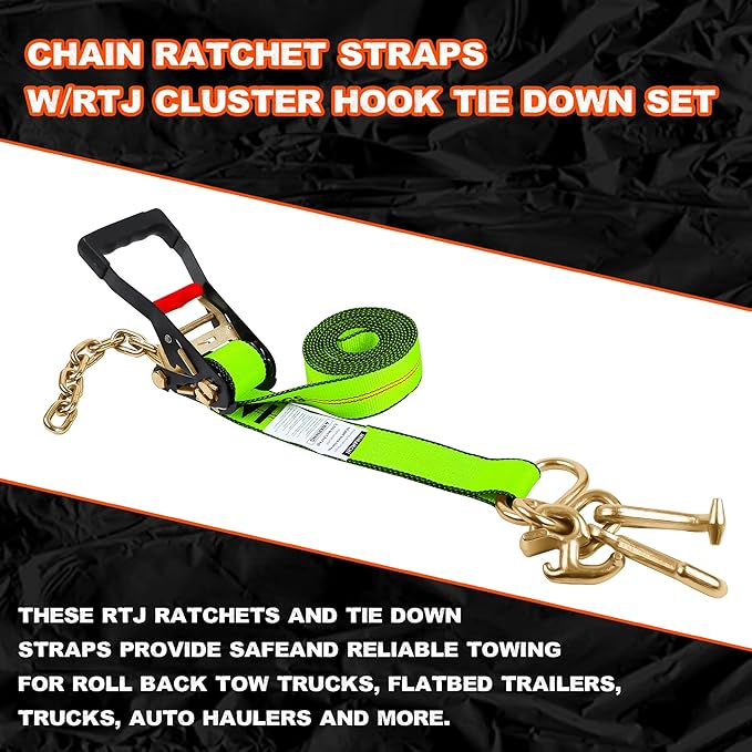 2" x 12' RTJ Cluster Hook Ratchet Straps with 8 Point Chain, 4 Pack - Heavy Duty Tow Strap for Trucks, Trailers, and Car Haulers - Wheel Tie Down Straps for Tow Trucks & Auto Transport
