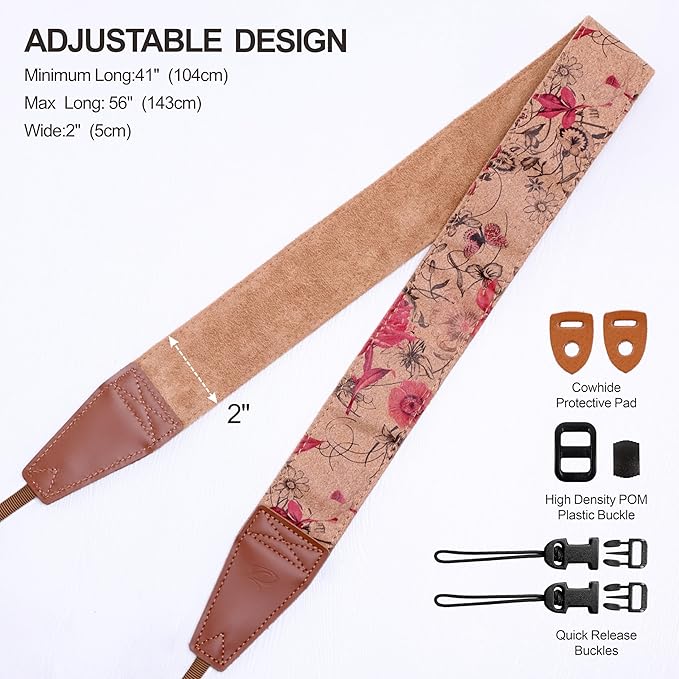 Padwa Lifestyle Cork Camera Strap - 2" Top Layer Cowhide Head Camera Straps for Photographers,Natural Log Crackle Art Print Style,Soft Chamois Velvet Padded Strap Quick Release fits All Cameras