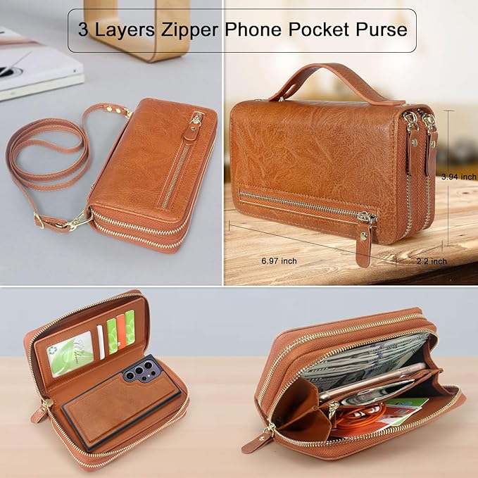 Harryshell Compatible with Samsung Galaxy S25 Ultra Case Wallet Multi Zipper Detachable Removable Cover Purse with Card Slots Holder Mirror Crossbody Wrist Strap for 6.9 inch (Light Brown)