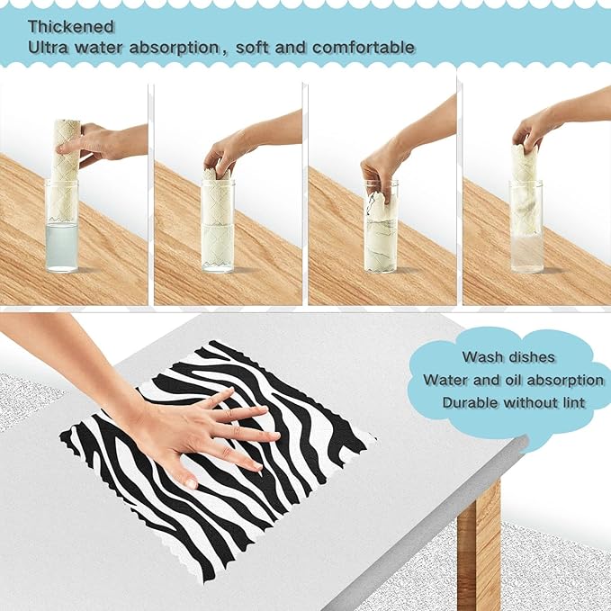 CaTaKu Zebra Print Microfiber Reusable Cleaning Cloths Kitchen Dish Cloths Dish Rags for Washing Dishes, Black and White Dish Towels Washcloths for Kitchen Drying, 6 Pack