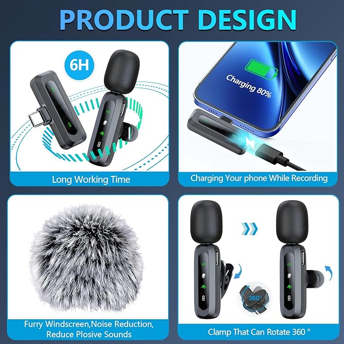 RICCHI Wireless Microphone for iPhone/iPad/Android Phone, 2 Pack Mini Microphone with Noise Cancelling & LED Display, Lavalier Microphones Clip on Lapel Mic for Video Recording, Vlog, Podcast, TikTok