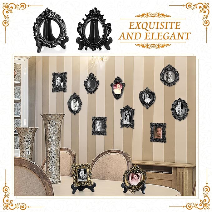 Tatuo 20 Sets Mini Picture Frames and Display Stands Vintage Resin Picture Frame Resin Holder for Home Office Bedroom Living Room Wedding Decor (Black)