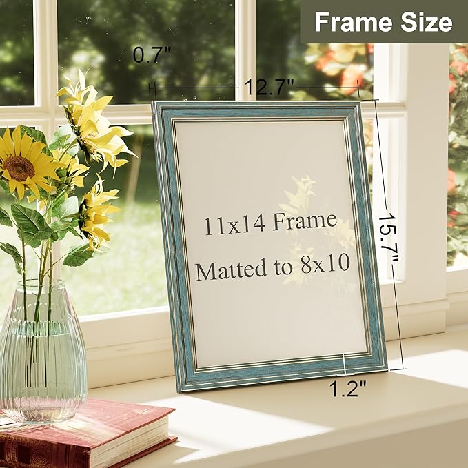 Vittanly 11x14 Picture Frame Set of 4, Vintage Photo Frame for Wall Mount, Display 8x10 Pictures with Mat or 11x14 without Mat, Rustic Farmhouse Home Decor, Blue