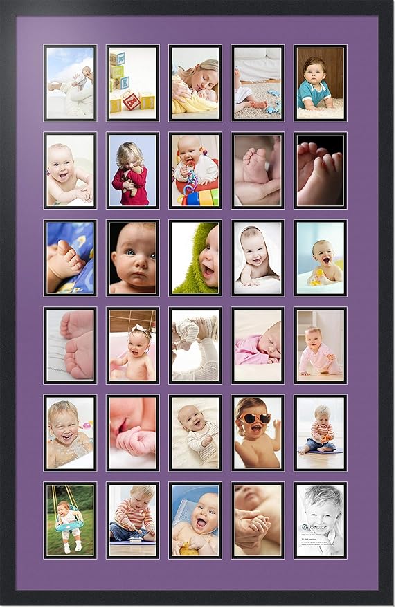 ArtToFrames Collage Photo Frame Double Mat with 30-4x6 Openings with Satin Black Frame and Grape mat.