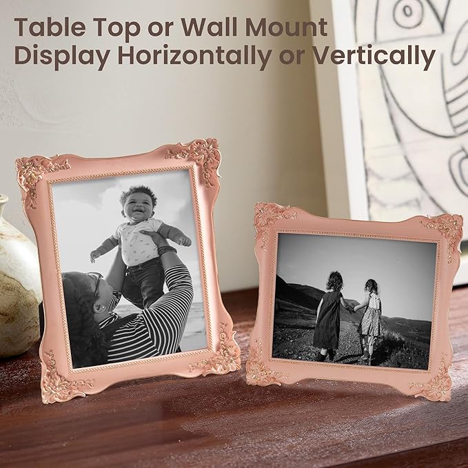 Axeman Vintage Pink Picture Frames 8x10 | 8 x 10 Antique Picture Frame with Real Glass | Ornate 8x10 Picture Frame for Wall & Tabletop Display | Retro Pink 8 x 10 Frame
