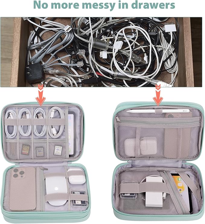 Tablet Accessories Case Bag, Travel Large Electronics Organizer for Chargers & Cords, Cables, 7.9 Inch Tablet, Airplane Essentials, 2 Layers (Mint Green)