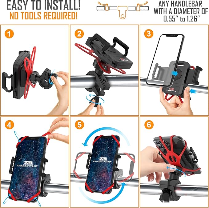 TruActive Premium Bike Phone Mount Holder for Kids and Teens | Universal Cell Phone Mount for 4"-7" Phones | Includes 6 Reusable Color Bands | Tool-Free Handlebar Mount Install for Boys & Girls Bikes