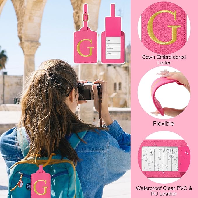 Initial Luggage Tags for Suitcases, Cute Embroidered Letter Luggage Bag Suitcase Identifier Name Baggage Tag, PU Leather Travel Luggage Tags, Bag Tags for Men Women Kids Luggage Handbags(Rosered G)