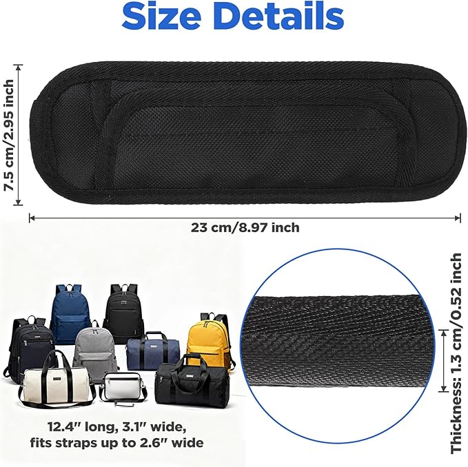Sibba 2 Pack Black Thick Shoulder Strap Pad, Universal Replacement Backpack Luggage Pad Bags Shoulder Strap Pads Anti-Slip & Breathable Fastener Cushion Pads for Messenger Bags Crossbody Guitar Straps