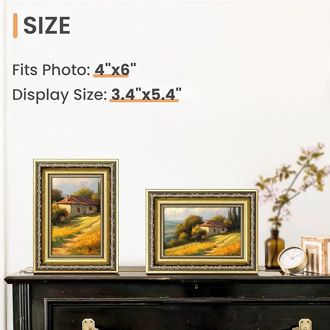 upsimples 4x6 Picture Frame with Real Glass, Ornate Vintage 4 x 6 Photo Frames for Wall Decor or Tabletop Display, Gold, 2 Pack