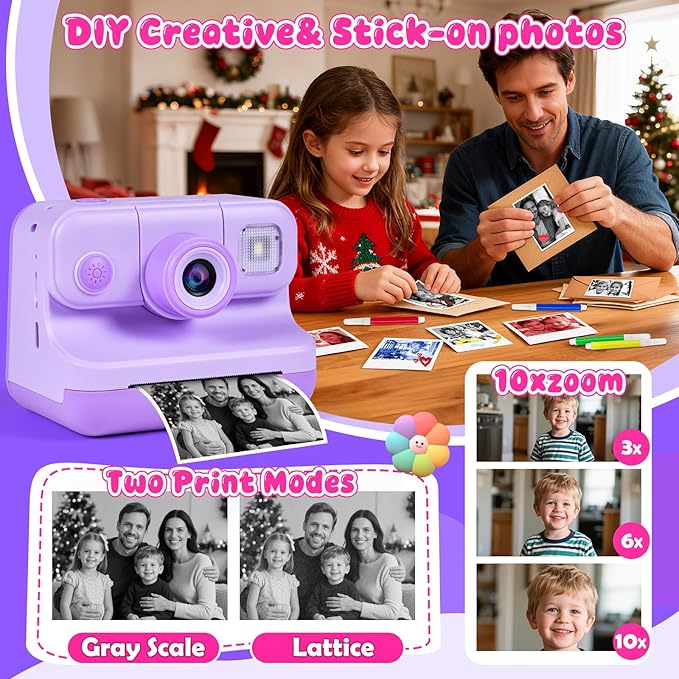 Kids Instant Print Camera, 30MP 1080P HD Digital Camera for Boys Girls with Color Pens & 32GB Card, Christmas Birthday Gifts Kids Toys for 3-12 Years Old (Purple)