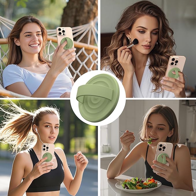 Magnetic Phone Grip Ring Holder, Liquid Silicone Magnet Cell Phone Grip Finger Loop, Compatible with Magsafe, Back of Phone for iPhone 17/16/15/14/13/12 Series, Tea Green