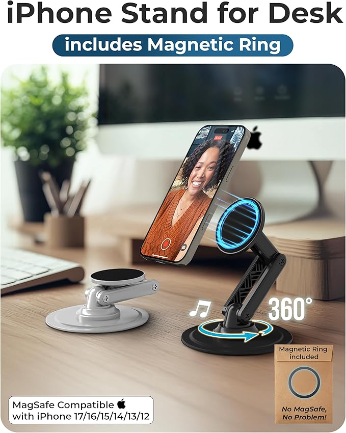 COOPER Mag360, Desktop MagSafe Stand for iPhone 17 Pro Max (16/15/14/13/12), Magnetic Phone Holder for Desk, 360° Rotating, Height Adjustable, Magnetic Phone Stand for Desk, with Metal Ring (White)