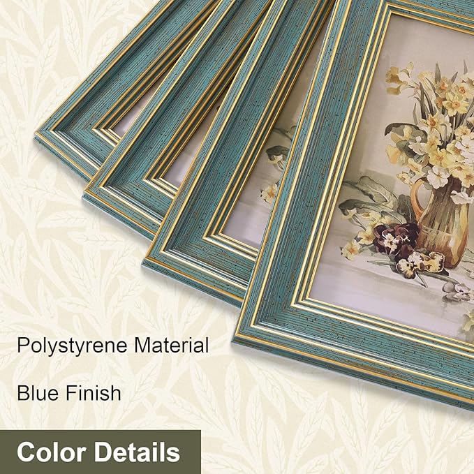Vittanly 11x14 Picture Frame Set of 4, Vintage Photo Frame for Wall Mount, Display 8x10 Pictures with Mat or 11x14 without Mat, Rustic Farmhouse Home Decor, Blue