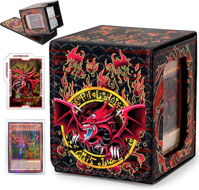 Card Deck Box for YGO MTG Deck Box 110+ Double Sleeved Cards Storage Trading Games Leather Storage with divider,Lasercard,Holder (Sky Dragon)