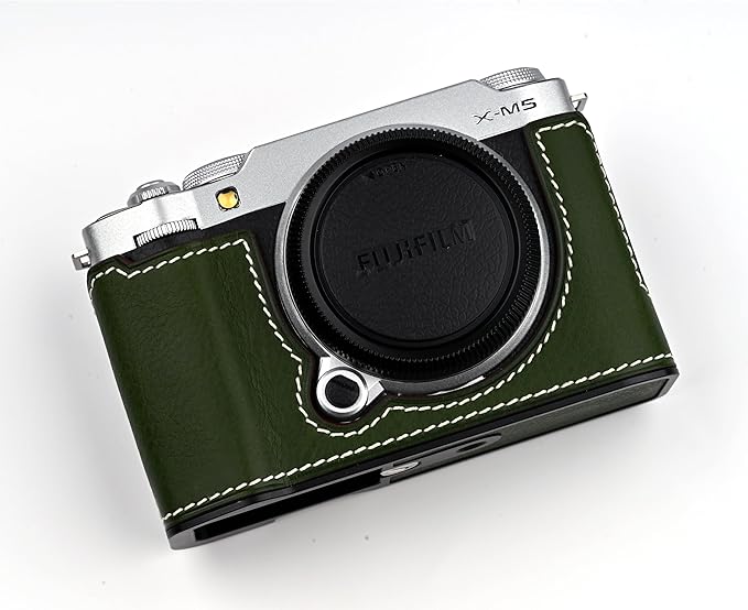 Handmade Genuine Leather Camera Half Case for Fujifilm X-M5/Fujifilm X-M5 Camera Case/Fujifilm X-M5 Case - Top Layer Cowhide Body + Metal Base Plate (Green M-Box)