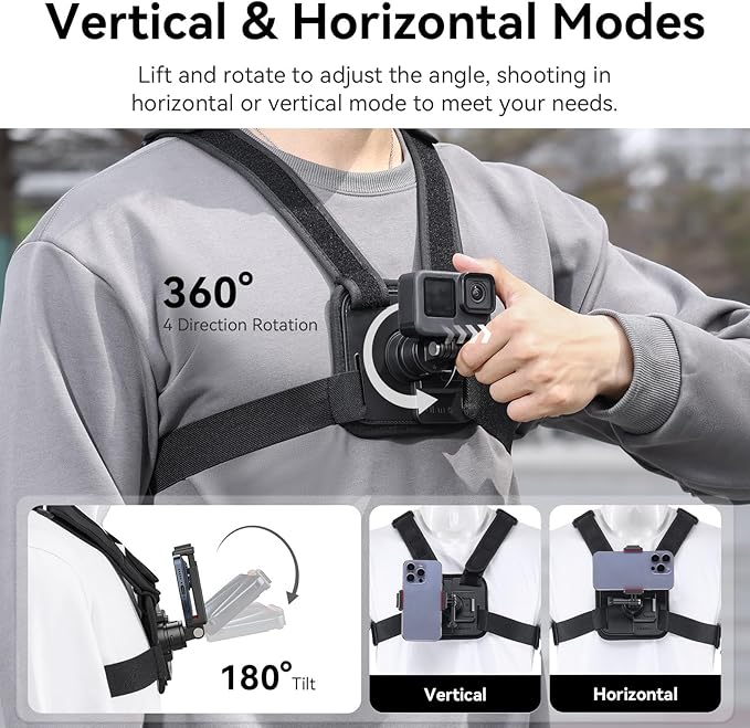 ULANZI CM028 Adjustable Chest Mount Harness - Vertical/Horizontal Switching for GoPro DJI Insta360 Action Cameras - Phone POV Chest Strap Mount Harness for iPhone Samsung Cameras