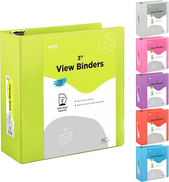 Enday 3 inch Binder (12 Pack - Assorted Colors) 3 Ring Binder 3 inch with Clear View Cover and 2 Inside Pocket - for Letter Size 8.5 x 11'' Paper, Ideal for School Supplies, Office, and Home