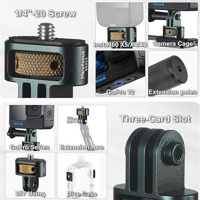 MINIFOCUS Gopro to 1/4" Adapter, Aluminum CNC Tripod Mount for Gopro Hero 13/12/11/10/9/8, Insta360 X5/X4/X3, DJI Osmo, AKASO and Other Standard 1/4" Accessories