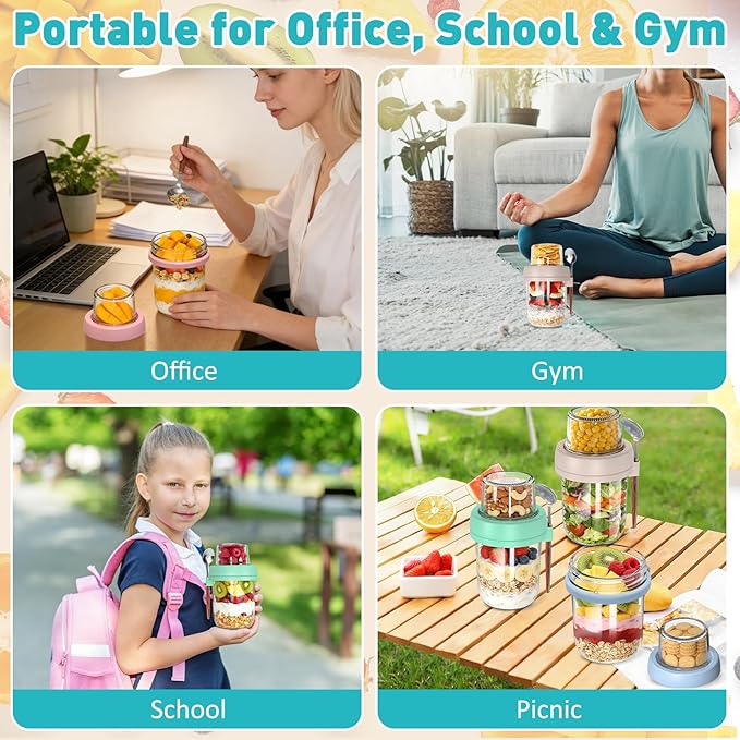 4 Pack Overnight Oats Containers with Lids and Spoons, 20 oz (16+4) Overnight Oats Jars with Dry and Wet Separation for Oatmeal Cereal Fruit Salad Yogurt, Dual-Layer Yogurt Parfait Cups with Lids