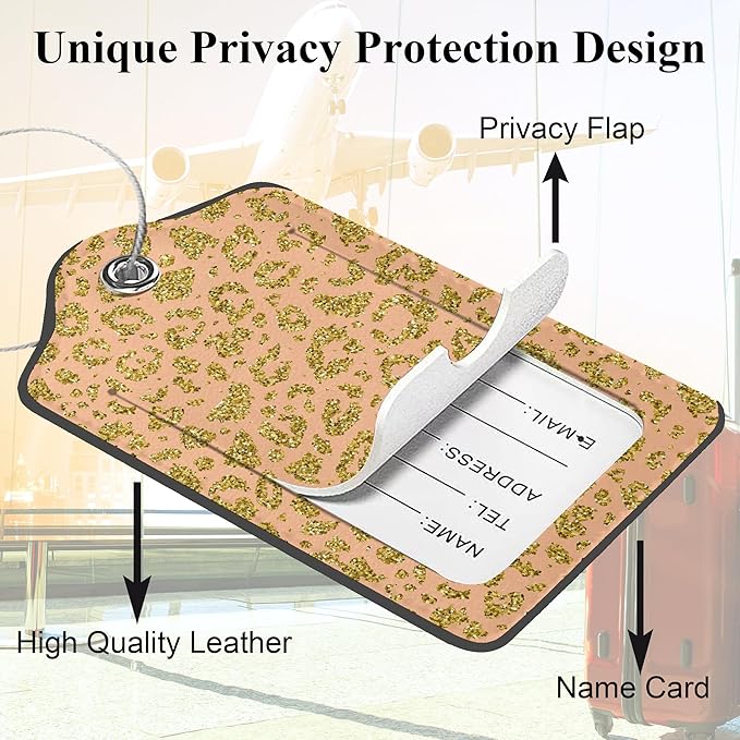 Golden Leopard Print 2 Pack PU Leather Luggage Tags with Stainless Steel Loop, Funny Travel Labels with Privacy Cover ID Label for Quick Spotting
