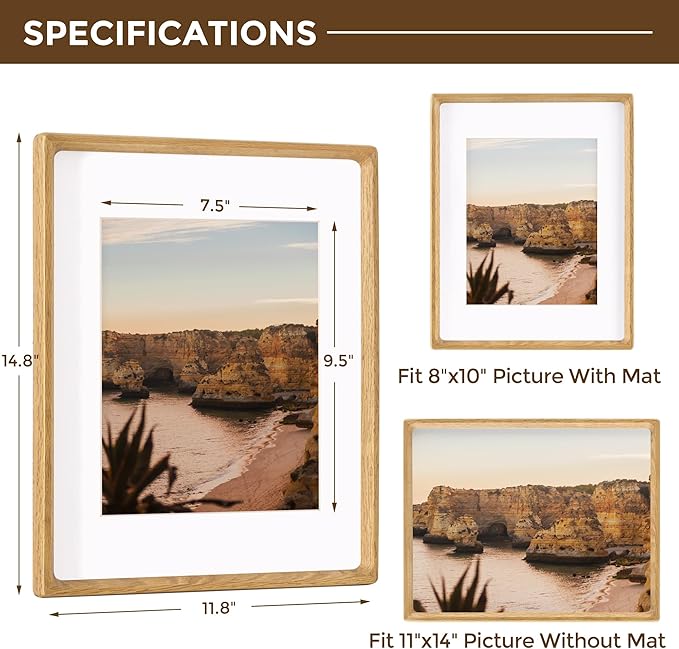 11x14 Wooden Picture Frames USA-Sourced Natural Oak Solid Wood Photo Frame Handcrafted Rounded Corner with Mat to 8x10 Picture Frame Vintage Display with Real Glass Family Picture， 2 Pack