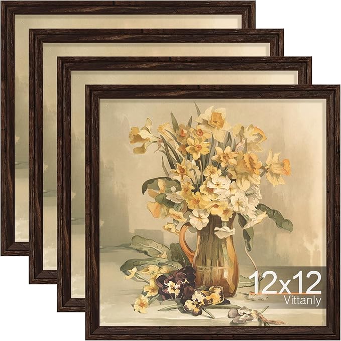 Vittanly 12x12 Picture Frame Set of 4, Vintage Photo Frame for Wall or Tabletop, Display 8x8 Pictures with Mat or 12x12 without Mat, Rustic Farmhouse Home Decor, Dark Brown
